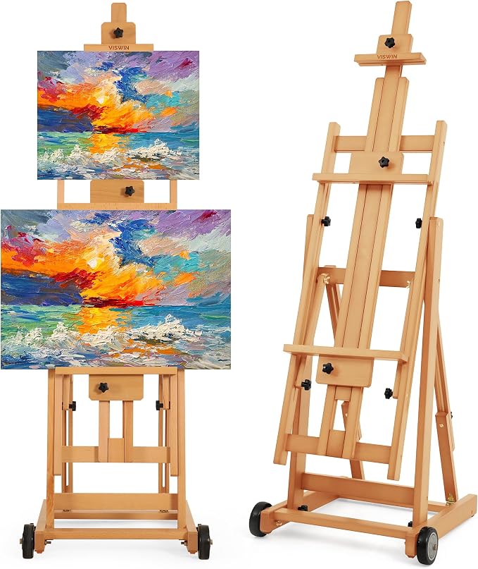 VISWIN Studio H-Frame Easel, Tilting Flat & Adjustable Beech Wood Art Easel for Painting, Movable Large Easel Stand for Adults, Artists, Hold 1 or 2 Canvas up to 78" - Natural