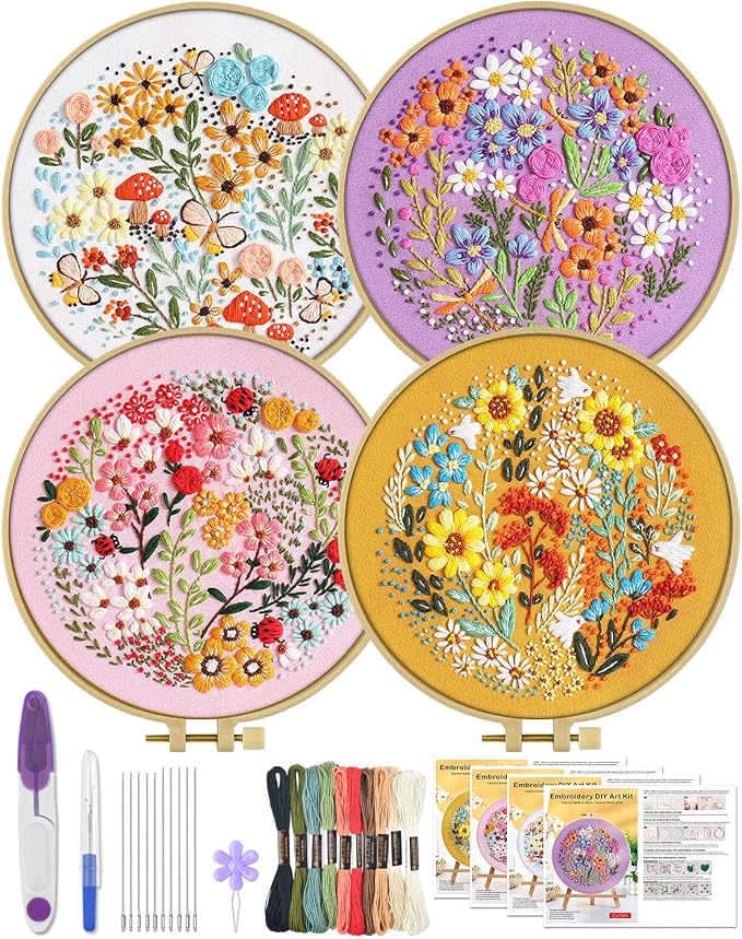 ERKOON 4 Sets Embroidery Kit for Beginners,Hummingbird and Flower Cross Stitch Set for Include Embroidery Cloth Hoops Threads for Craft Lover Hand Stitch (Flower)