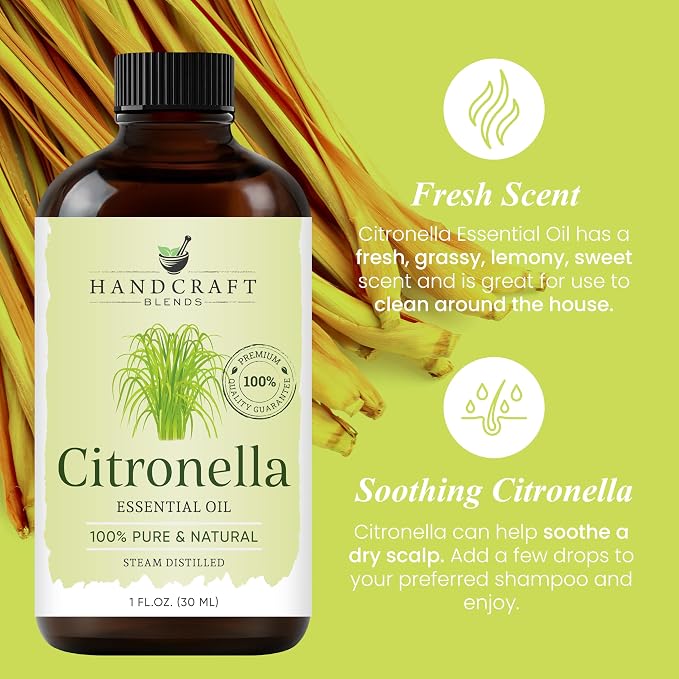 Handcraft Blends Citronella Essential Oil – 1 Fl Oz – 100% Pure and Natural – Premium Grade Essential Oil for Diffuser and Aromatherapy, Skin, Massage, Candle and Soap Making Fragrance