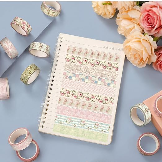 12 Rolls Floral Washi Tape Set,Vintage Pink,Cottagecore | Watercolor Flowers Design for Scrapbook Journal DIY Craft School Supplies, 15 mm Vintage Decorative Masking Washi Tapes