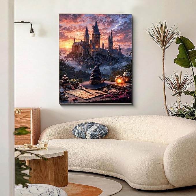 Magic Castle Paint by Numbers Kit for Adults Framed Canvas, Frameworkless | Easy Adult Paint by Number Kits on Canvas DIY Magic Castle Painting for Beginners Art by Numbers for Home Wall Decor Gift