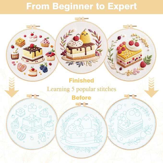 RidaaFri Embroidery Kit for Beginners, 3PC Starter Set Cake Fruit Patterns | Adult Stamped Hand Embroidery Craft Includes Hoop Needles Floss Step-by-Step Guide, DIY Complete Sewing Supplies Cross Stitch