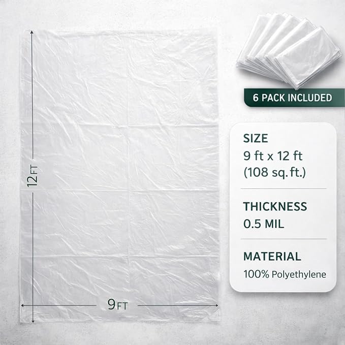GREEN LIFESTYLE Plastic Drop Cloths for Painting 12 x 9 ft [6 Pack] – Waterproof Paint Drop Cloth, Plastic Sheets Floor Cover, Disposable Tarp for Furniture Protection, Remodeling and Moving