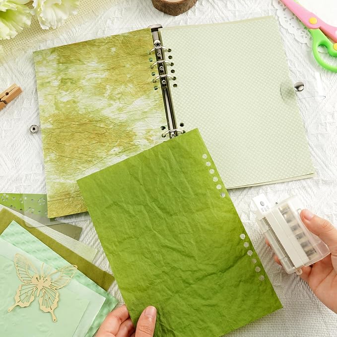 50 Sheets Unique Handmade Textured Scrapbook Paper & Mesh Fabric Set - Junk Journal Supplies Craft Paper for Scrapbooking Journaling Supplies for Junk Journal Retro Crafts（Green）