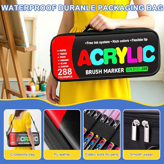 Amamao 288 Colors Brush Tip Acrylic Paint Markers with Bag for Rock, Wood