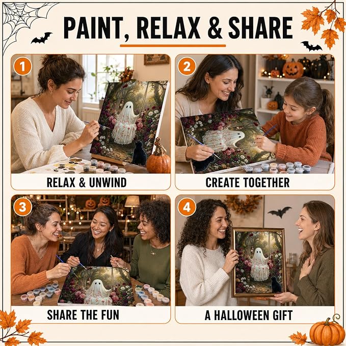 Mandun Halloween Ghost Paint by Numbers Kit for Adults, 16x20 inch | DIY Painting Kits Crafts for Adults, Relieve Stress, Frame Canvas, Wooden Easel, Gift Box, Home Wall Decor
