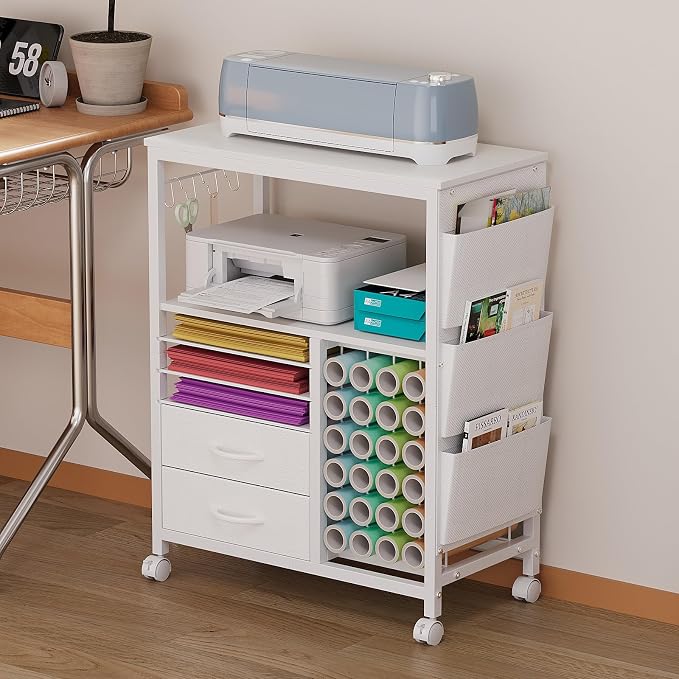 Craft Organizer and Storage Cart Compatible with Cricut Machine Stand Rolling Craft Cabinet Table with Drawers Shelf Vinyl Roll Holders Accessories Holder Tool Hooks for Craft Workstation Room-White