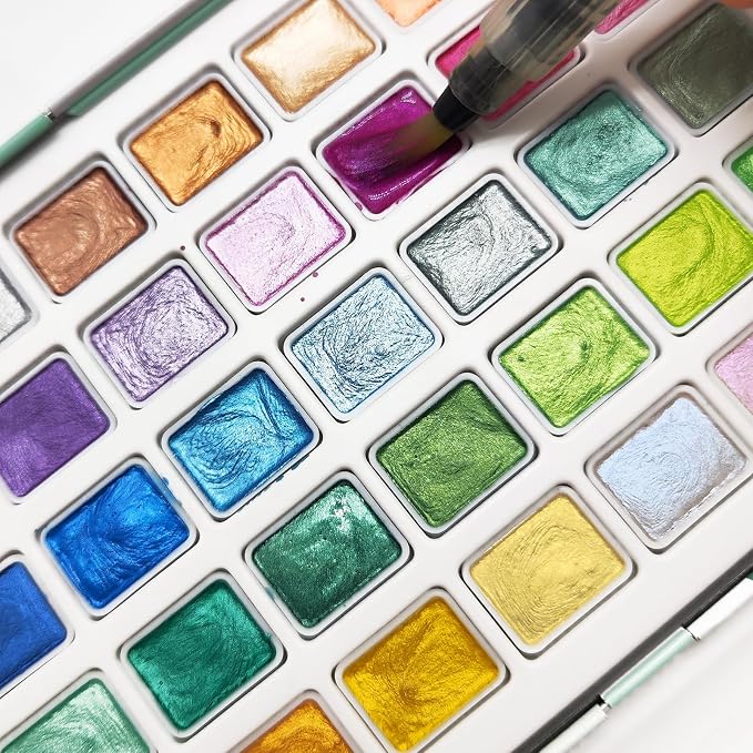 Artecho 50-Color Metallic Watercolor Paint Set with Easy-Hold Ring | 50 Metallic Colors with a Shimmer Finish; Includes Black and White Color Charts; Suitable for Dark and Light Paper