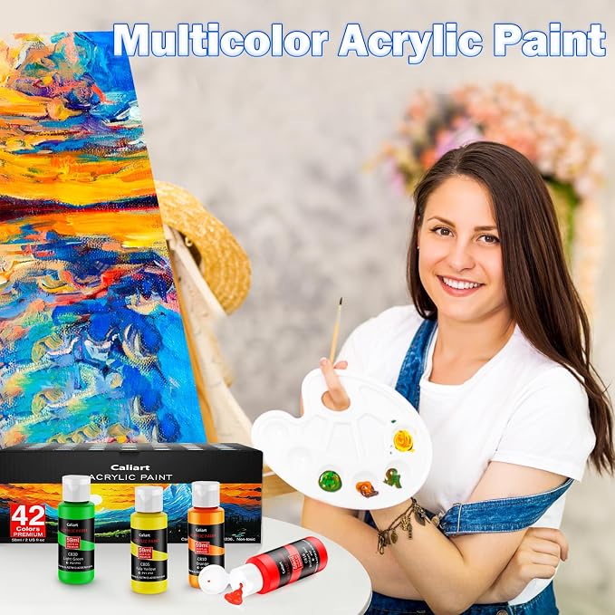 Caliart 42 Colors Acrylic Paint Set with 12 Brushes | Craft Painting kit for Adults Artists Beginners, Rich Pigment Non-toxic, Canvas Wood Rock Pumpkin Ceramic Art Supplies Paint