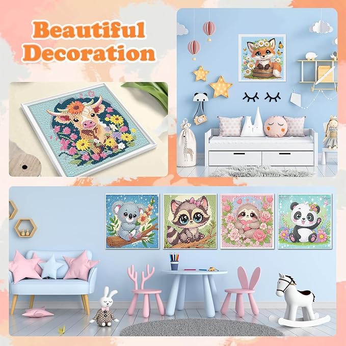 ajepon 6 Pack Animal Diamond Art Kits for Kids, Cute Animals Diamond Art for Kids Ages 8-12, Koala Panda Sloth Raccoon Fox Cow Diamond Painting Kits for Kid for Gift Home Wall Decor (6x6inch)