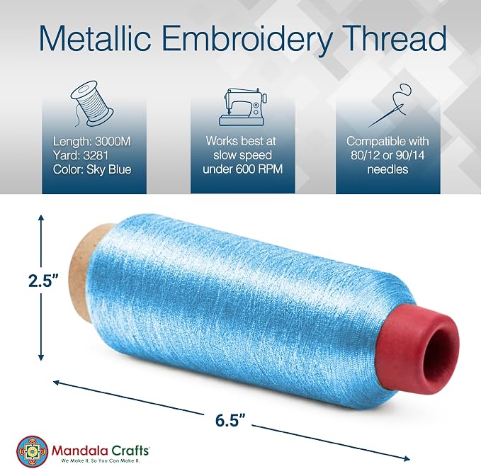 Mandala Crafts Metallic Sky Blue Embroidery Floss for Sewing, 3281 Yard Spool