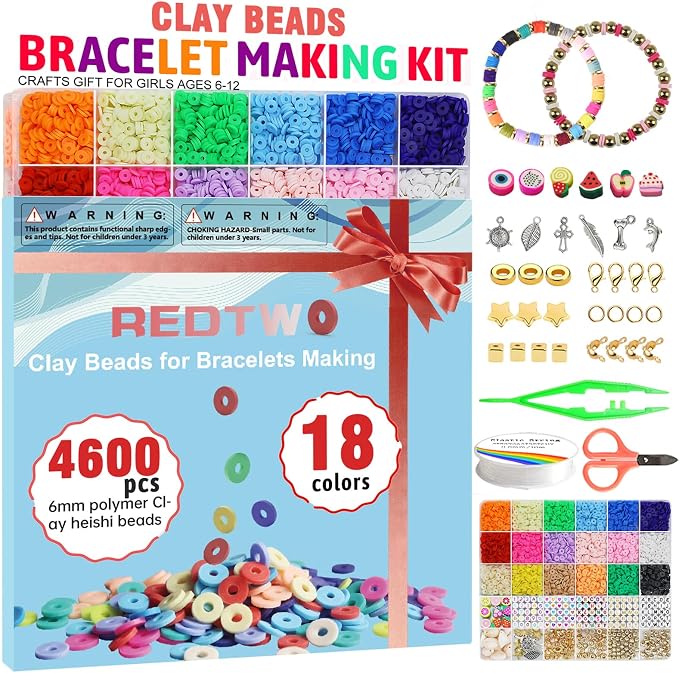 Redtwo 5100 Clay Beads Bracelet Making Kit, Flat Preppy Beads for Friendship Jewelry Making,Polymer Heishi Beads with Charms Gifts for Teen Girls Crafts for Girls Ages 8-12 | Flat Preppy Polymer Beads with Charms Gifts for Teen Girls Crafts for Girls A...