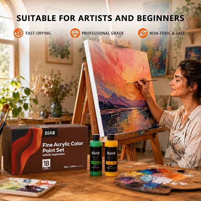 DJAR 18 Colors Acrylic Paint Set for Artists Beginners, 2 fl oz/250ml | Rich Pigments Colors Painting Supplies, Waterproof & Fast Dry, Works on Canvas, Rocks, Wood, Ceramic & Fabric, Safe Non-Toxic