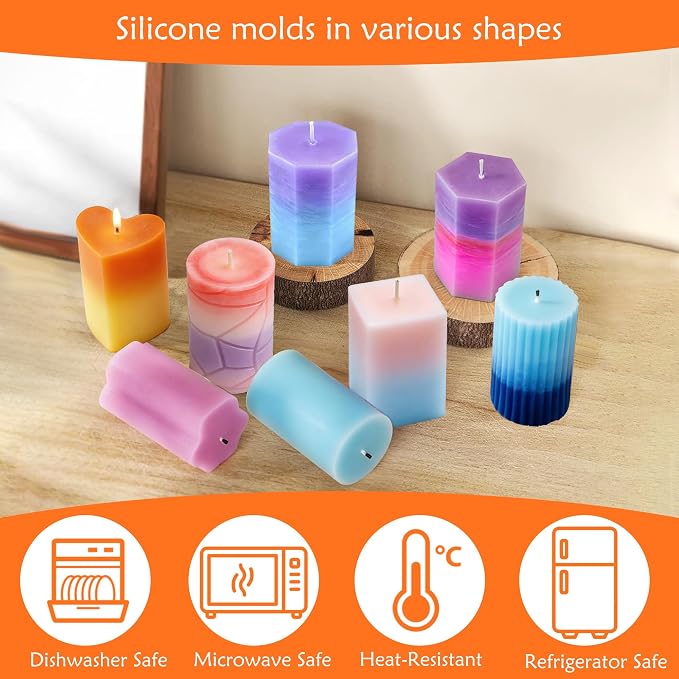 8PCS Reusable Silicone Candle Molds Set - Cylinder/Hexagon/Octagonal/Heart/Flower/Square Shapes for DIY Candle Making, Soap, Resin Crafts, Easy Release Candle Making Kit (8, Cylinder & Hexagon)
