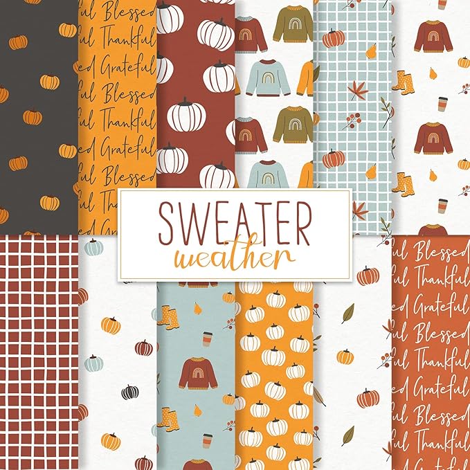 JarThenaAMCS 24 Sheets 6 x 6 Inch Fall Pattern Paper Pumpkin Sweater Double Sided Craft Scrapbook Specialty Paper for Autumn Thanksgiving DIY Card Making Photo Album Journal Decor