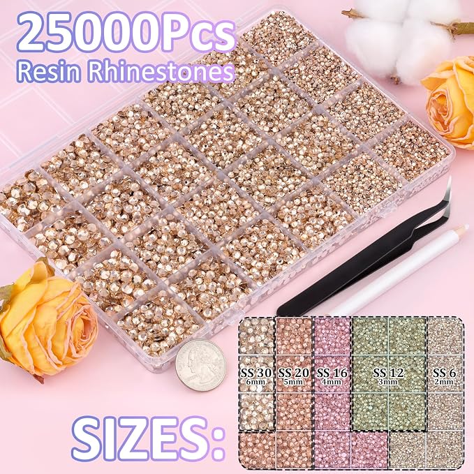 25000Pcs Resin Rhinestones for Crafting, Champagne 2-6mm Mixed Sizes Non Hotfix Flatback Gems with 1Pcs Glue, Bedazzling Crystal for DIY Craft Clothing Mugs Tumblers Shoes Fabric Decor Nail Art