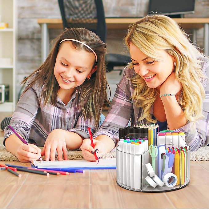 Absonic 250pcs Acrylic Pencil Holder Marker Organizer, Back to School 360-Degree Rotating Pen Holder, Crayon Organizers for Kids Pencil Organizer Caddy Art Supply Lazy Susan Organizer for Desk Office