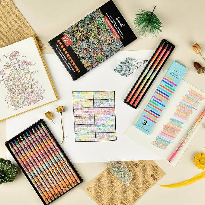 Brusarth 3 Pack Woodless Full Core 8-in-1 Rainbow Colored Pencils | For drawing and coloring, art supplies for artists and kids, ideal holiday and Easter gift choices