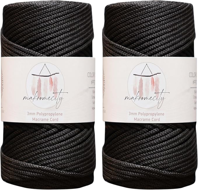 Makromecity, 2 Skeins of Polyester Macrame Cord 3mm x 131 Yards (394 feet) 3mm Polypropylene Black Macrame Cord Crochet Macrame Bag Cord Crafts for Wall Hangings, Bags, Underplate, Rug