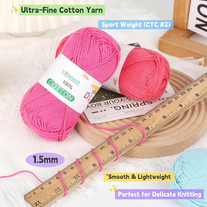 Katech Pure Cotton Yarn for Crocheting & Knitting–Baby Cotton Yarn | 24-Color of 137 Yards/1.76 oz Sport Weight CYC #2-Soft & Breathable-Ideal for Dishcloths, Baby Clothes, Potholders & Crafts