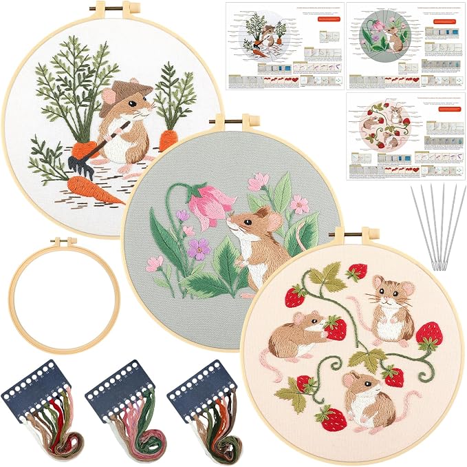 Mindsoft 3 Set Needlepoint Kit for Beginners with Hoop,Garden Mouse | Bamboo Hoop Thread Needles Instructions, Easy Hand Embroidery for Beginners Home Crafts,Pre-stamped Funny Cute Designs