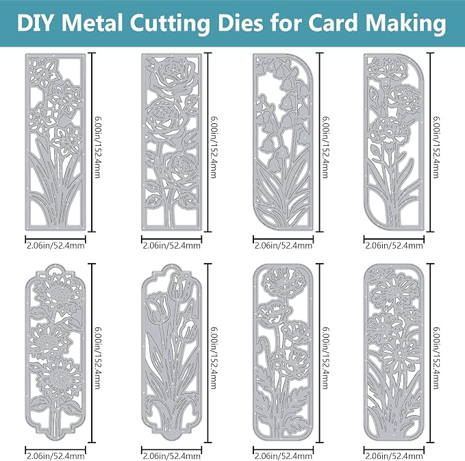 8PCS Background Flower Frame Metal Cutting Dies Floral Die Cuts for Card Making Rectangle Frame Metal Die Cuts Embossing Stencil Template for DIY Crafting Scrapbooking Bookmark Album Decor