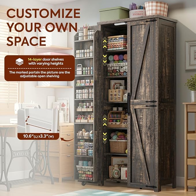 NEWOWNDS 72" H Craft Storage Cabinet with LED Lights | Adjustable Shelves Sewing Organizer, Multi-Purpose Sewing Cabinet for Craft Room/Home Office Storage,Brown