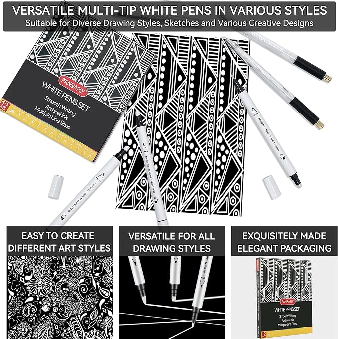 PANDAFLY 12 Pack White Pens Set, White Gel Pens, Dual-Tip Acrylic Paint Pen
