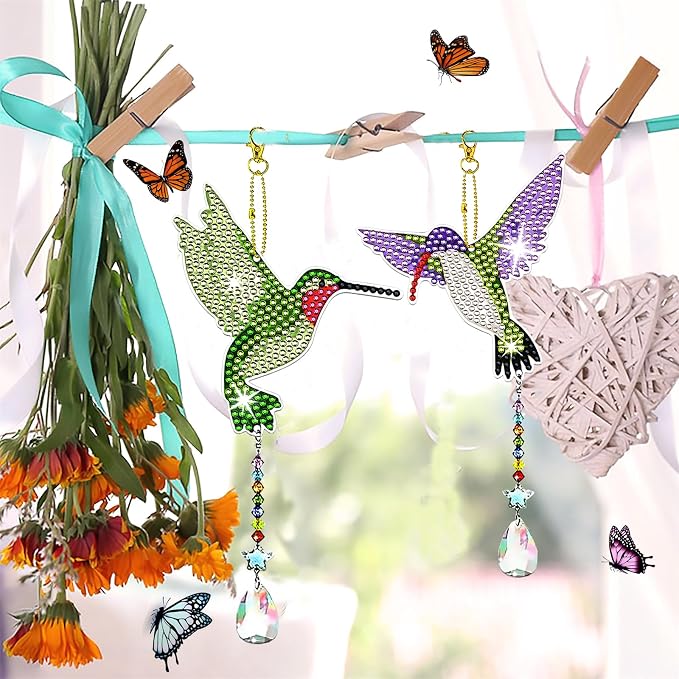 6 Pcs Diamond Painting Wind Chimes Rhinestone Hummingbird Diamond Art Suncatcher Double Sided 5D DIY Diamond Painting Kits for Adults Christmas Ornament Best Gifts for Mother