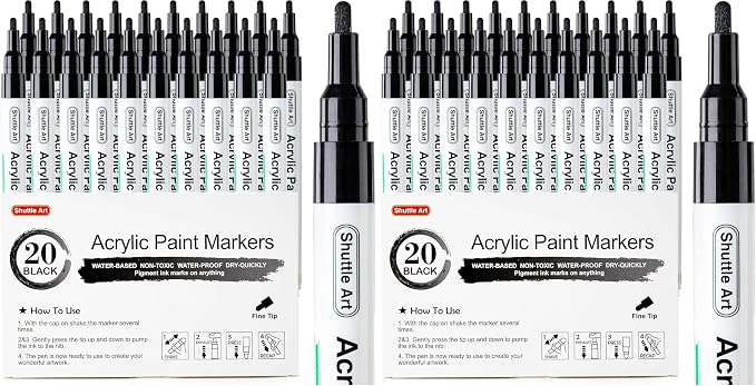 Shuttle Art 40 Pack Black Fine Tip Acrylic Paint Pens, Water-Based Quick Dry Paint Markers for Rock, Wood, Metal, Plastic, Glass, Canvas, Ceramic