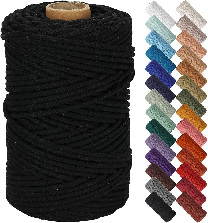 NOANTA Black Macrame Cord 5mm x 109yards, Colored Cotton Rope Macrame Yarn | Macrame Rope Supplies, 3 Strand Twisted Cotton Yarn String, Cotton Cord for Wall Hanging, Plant Hangers, Crafts, Knitting