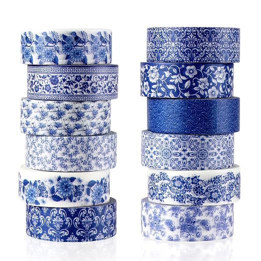 12 Roll Floral Washi Tape Set Flower Decorative Masking Tape for Scrapbook | Blue-and-White Porcelain in Chinese Style Washi Tape Set for Back to School Arts DIY Craft Scrapbook Journal Supplies Gifts