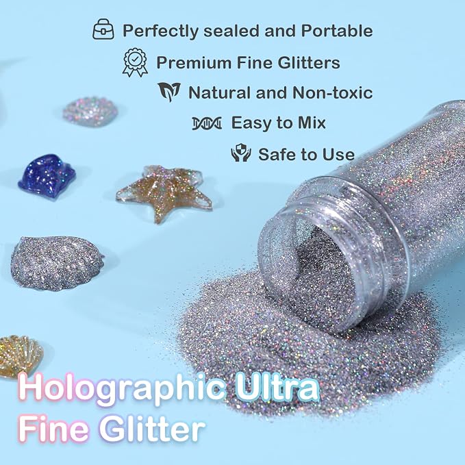 HTVRONT Holographic Extra Fine Glitter Powder - 50g/1.76oz, for Resin, 0.008" Portable Ultra Fine Glitter Powder for Nails, Candle Making, Crafts, Slime Fine Silver Glitter | Holographic Craft Glitter for Resin, Jewelry, Keychains, Paint, Candle, Slime...