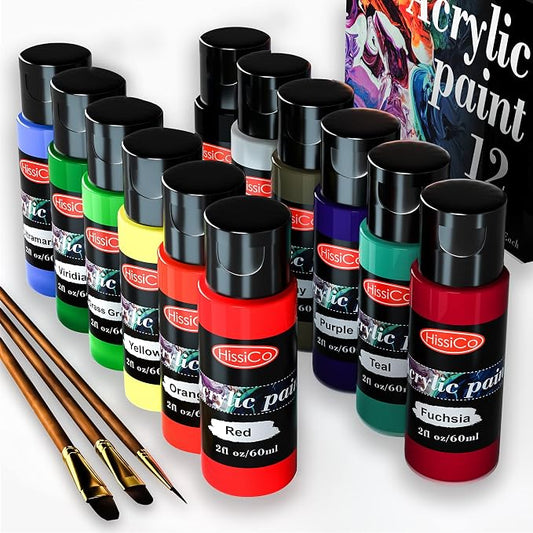 Acrylic Paint Set of 12 Colors 2fl oz 60ml Bottles,Non Toxic 12 Colors Acrylic Paint No Fading Rich Pigment for Kids Adults Artists Canvas Crafts Wood Painting
