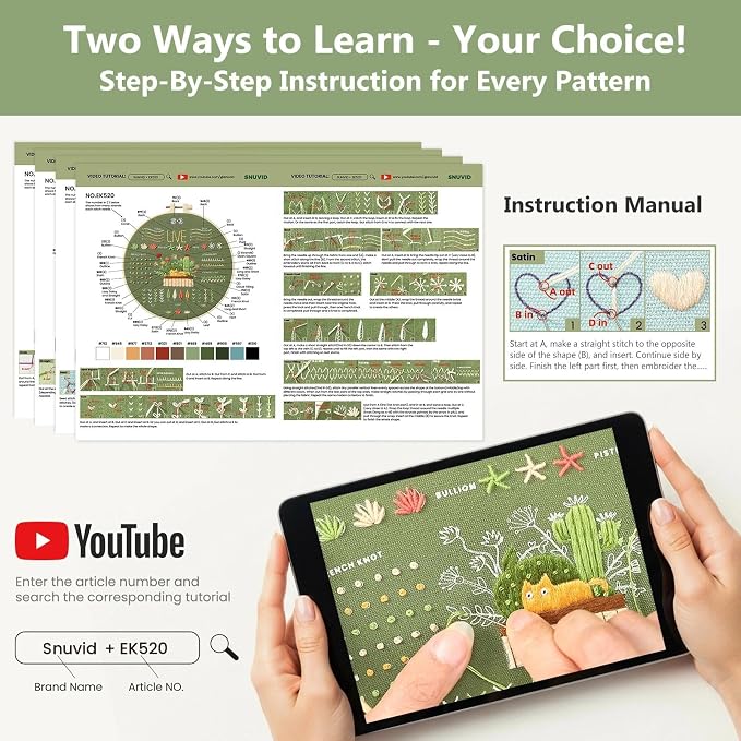 Snuvid Embroidery Kit for Beginners, 4 Stages to Learn 38 Stitches with Step-by-Step Video Tutorials, Pre-Printed Patterns, Embroidery Hoop, Threads and Needles for Adults