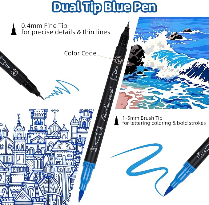 LIULIUCAI 10 Blue Dual Markers, Fine & Brush Tip Pen for Adult Coloring