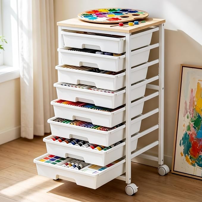 Pipishell Rolling Cart with 8 Drawers for Classroom, Craft & Art Room,White