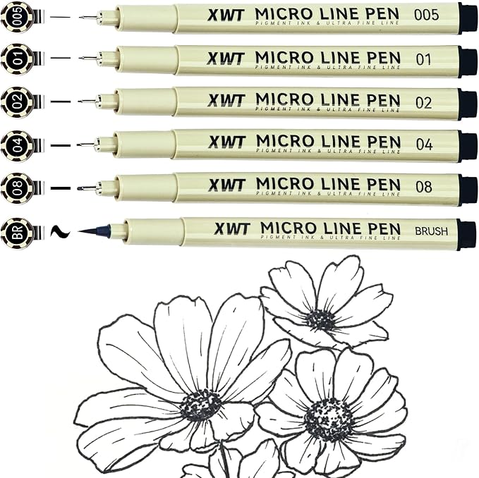 6 Size Micro Fineliner Pens Set | Ultra Fine Fineliner Pen, Brush Marker Pen, Water-based Black Pigment Ink, Drawing Journaling Supplies for Artists, Designers