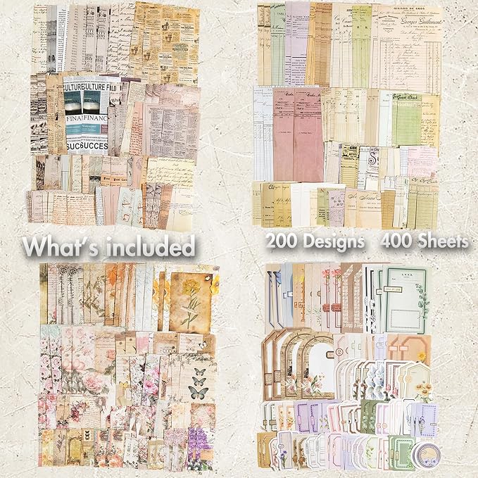Scrapbook Paper, 400 sheets of journaling supplies for Vintage Crafts Planner Bullet Junk Journal Supplies Mixed Media Collage Card Album Embellishments