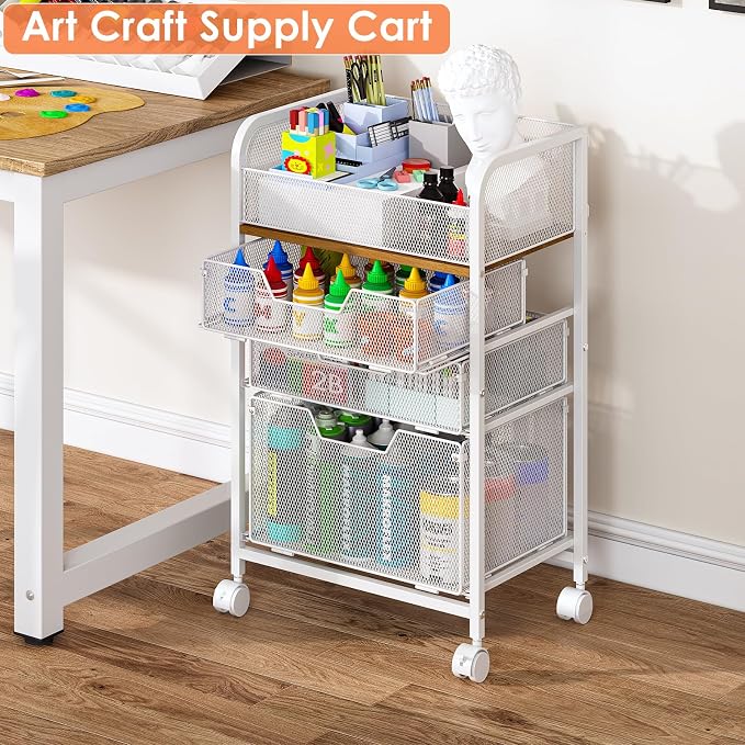 4-Tier Rolling Utility Cart with 3 Drawers-White Craft Organizers and Storage with DIY Dividers, Under Desk Cart with Lockable Wheels, Craft Cart Art Cart for Brushes Artifacts Patent Pending