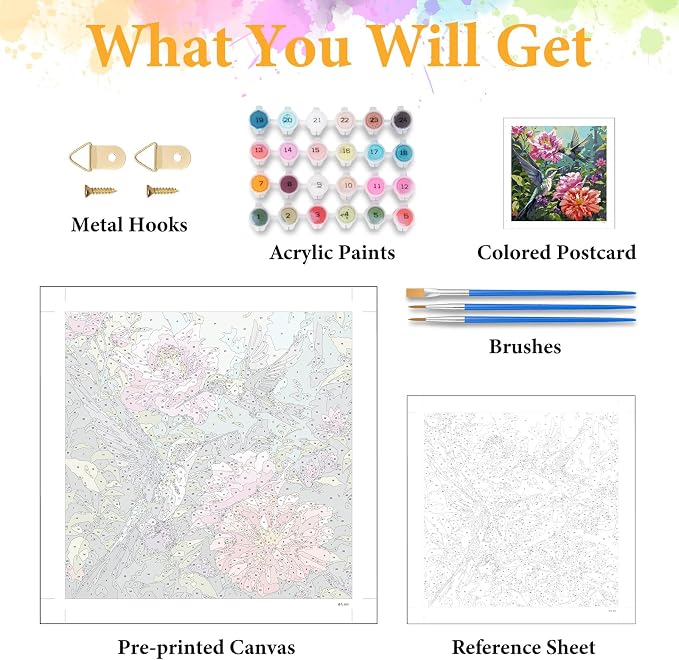 Paint by Numbers Kit for Adults, Hummingbird & Blooming Flowers, 16x16 Inch