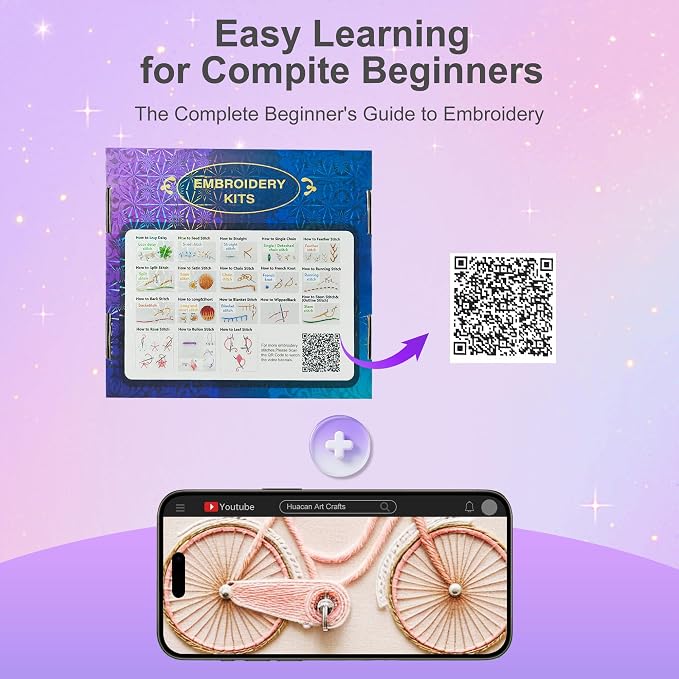 Huacan Embroidery Kit for Beginners with Tutorial Video & Gift Box | DIY Pre-printed Floral Patterns, 7.9×7.9 inch Fabric, Complete Embroidery Supplies with Gift Box for Starters & Craft Lovers