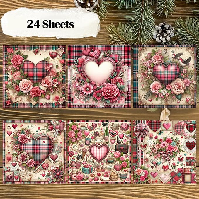 Vintage Valentine Scrapbook Paper Pad - 24 Sheets 6in Pink Love Hearts Patterns Designed Decoupage Supplies for Journals Folded Cardstock DIY Crafts Origami Gift Wrapping Material