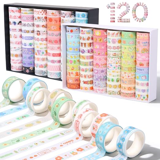120 Roll Cute Washi Tape Set Aesthetic Masking Tape for Journaling Supplies | Colorful Craft Tapes Elegance Decorative Masking Tapes for Arts DIY Crafts Journals Planners Scrapbook Wrapping Supplies