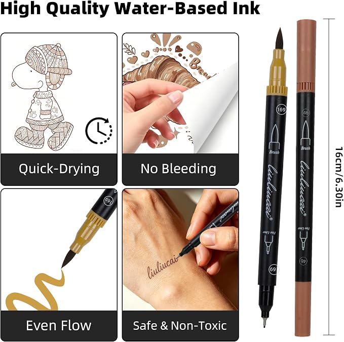 LIULIUCAI 10 Brown Dual Markers, Fine & Brush Tip Pen for Adult Coloring