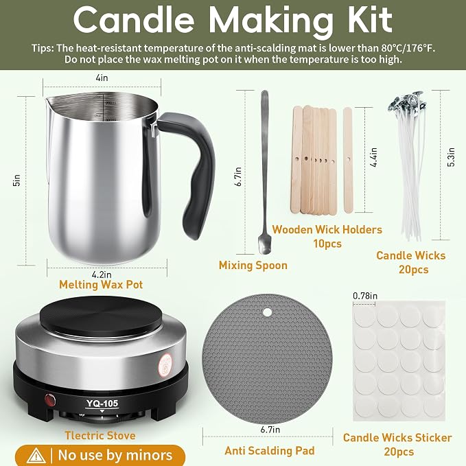 CasaCulina Candle Making Kit with Hot Plate, for Beginners | Candle Making Supplies, Set Includes Wax Melting Pot, Stirring Spoon, Anti-Scalding Pad, Candle Wicks, Wooden Wick Holders