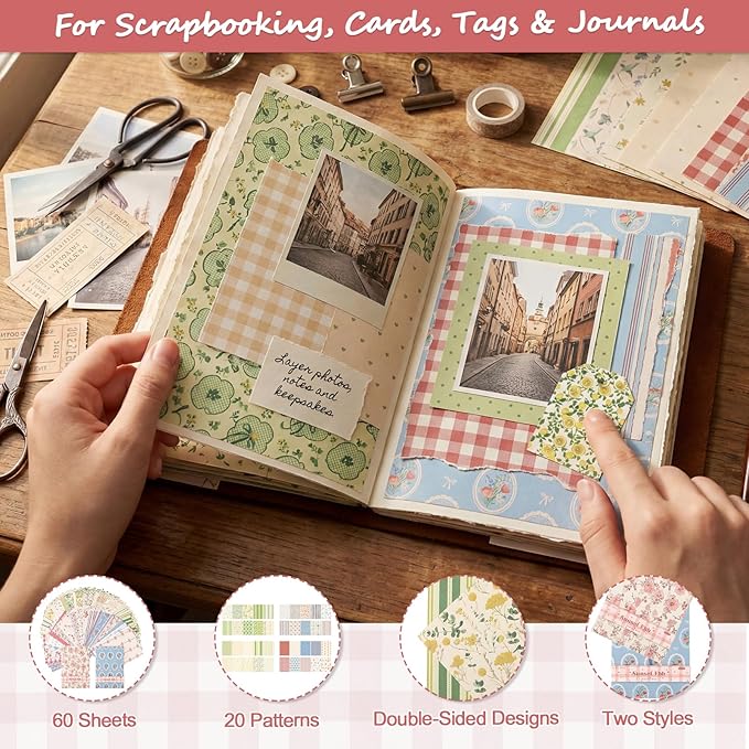 BESARME 60 Sheets Scrapbook Paper 5.5×8.3 in Double Sided Floral | Craft Paper for DIY Scrapbook Albums, Travel Diaries, Greeting Cards, Gift Tags, Photo Books, Decor Origami Crafts