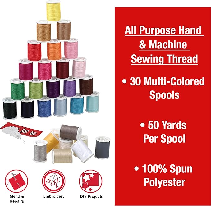 SINGER Polyester Sewing Thread Set, Assorted Colors, 50 Yards, 30 Count | 30 spools of polyester thread, 50 yards each (1,500 total); machine and hand sewing, plus 5 needles, threader and case