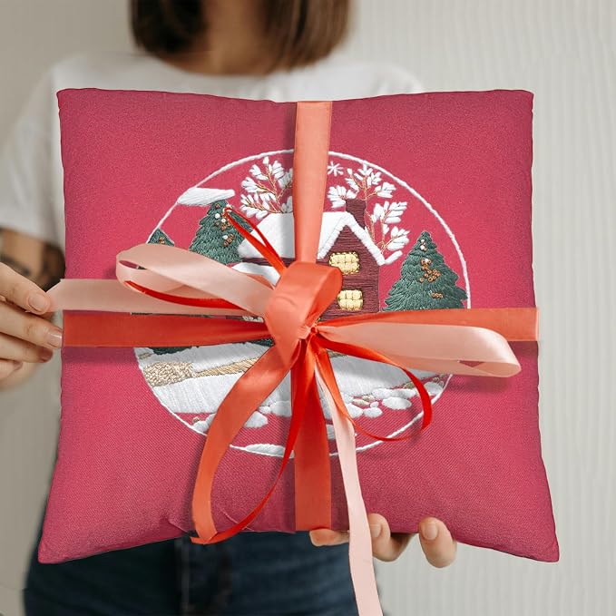 FONNUY Christmas Embroidery Kit for Beginners, Throw Pillow Case Cross Stitch Set Winter Snow House Holly Tree Pattern for Adults, Hand Works Crafts Throw Pillow Cover, 18 x 18'' (Red)