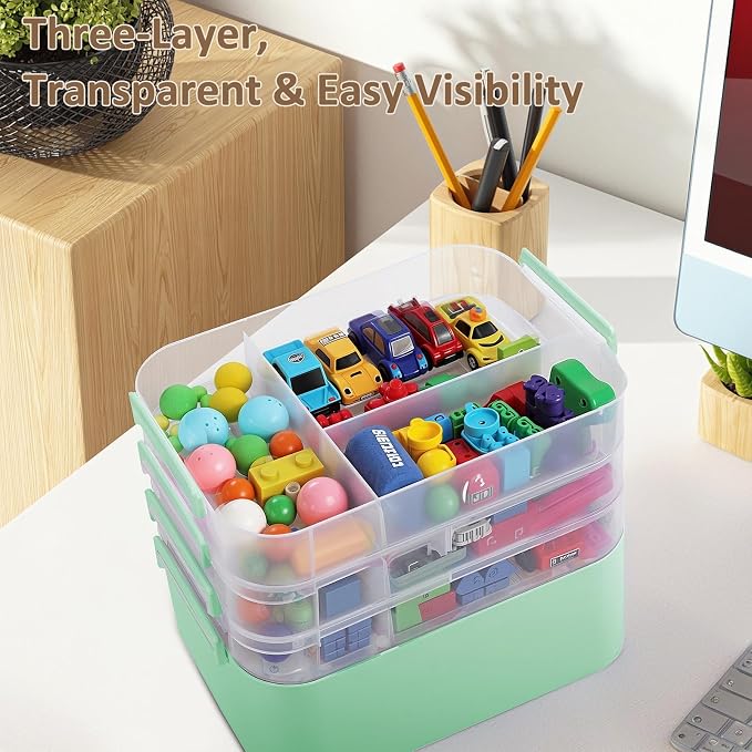 Gifhomfix 4-Layer Plastic Craft Organizers and Storage Box with Removable Trays, Storage Containers with lids and Handle, Art Supply Storage Organizer for Organizing Bead, Sewing, Tool（Green）